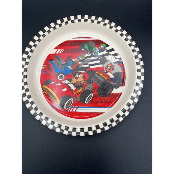 Mickey Mouse Kids Plate With Racing Car Plastic Checkered Flag Vintage - Picture 1 of 6